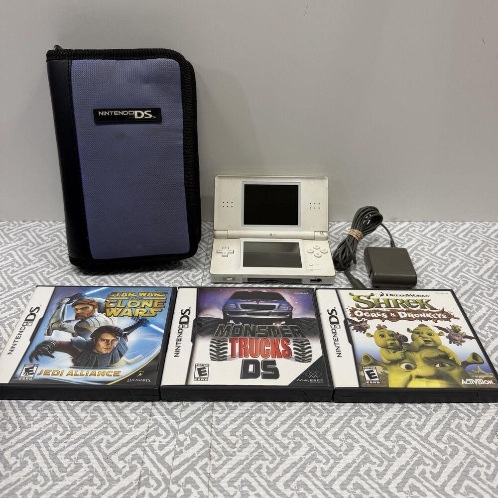 Nintendo DS Lite Polar White Bundle - Tested Works w/ Charger, Case & 3 Games